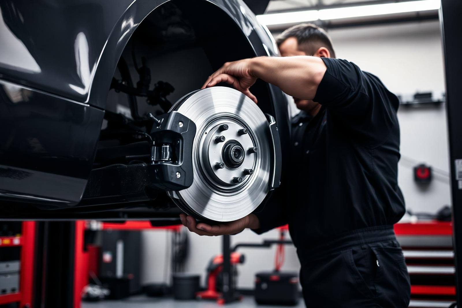 Mechanic inspecting a brake rotor and caliper in the Canberra Tyres workshop