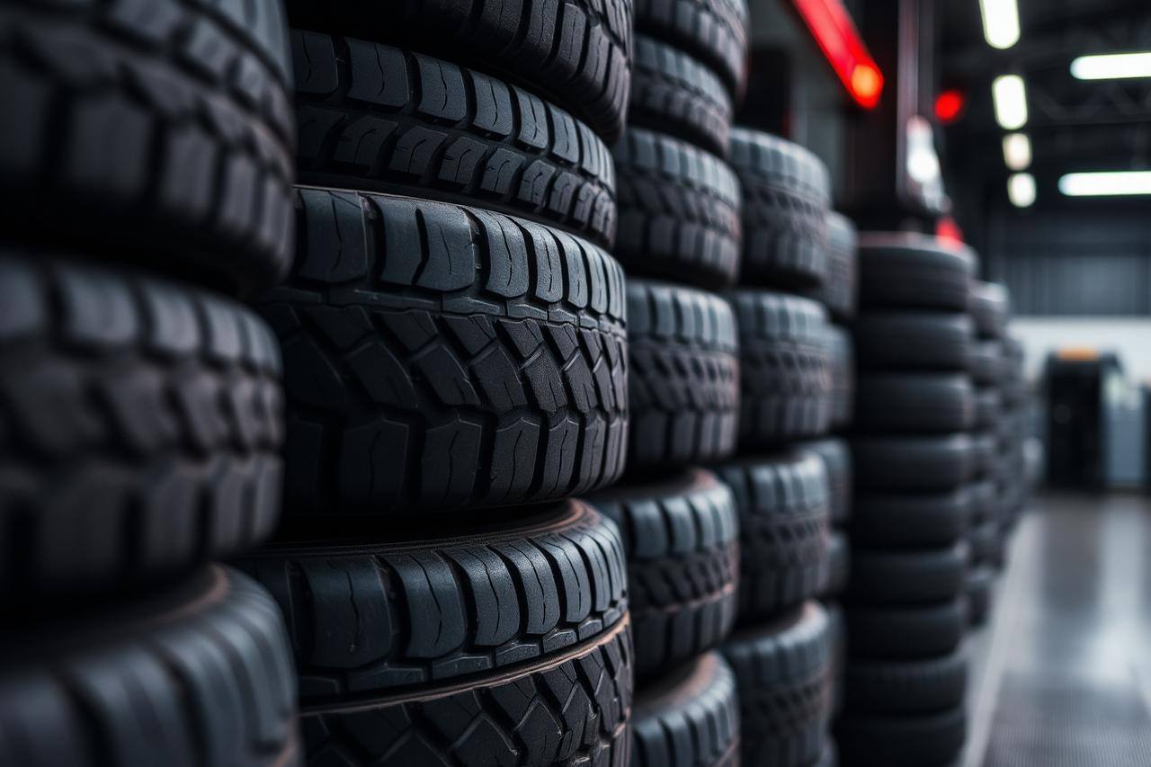 Wall of new passenger car tyres in the Canberra Tyres Fyshwick workshop