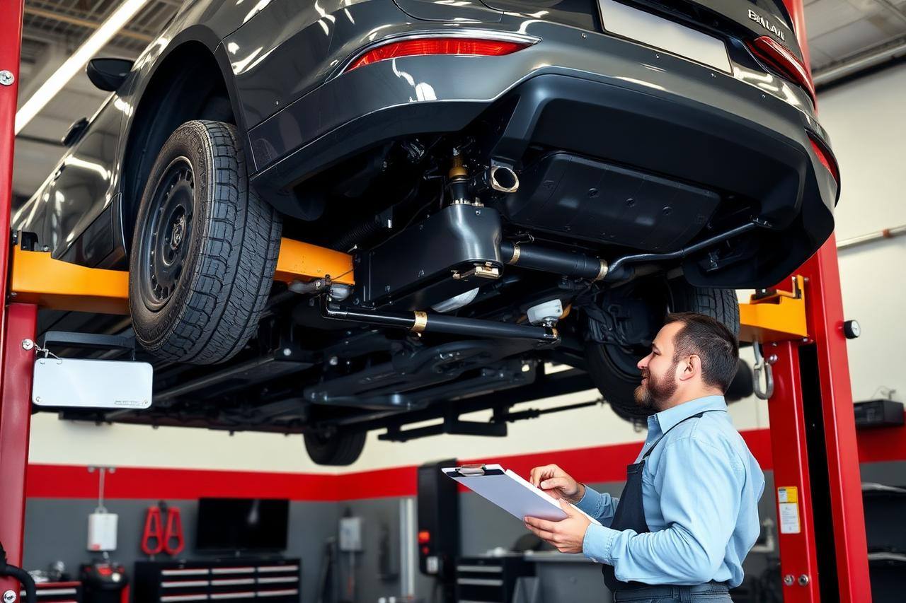Car raised on a hoist during a roadworthy inspection at Canberra Tyres Fyshwick