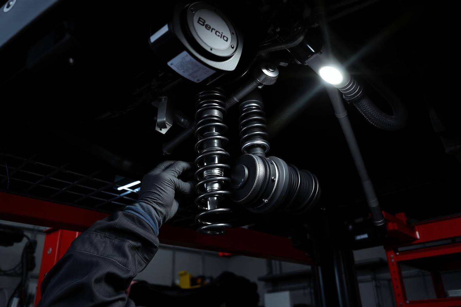 Mechanic inspecting a suspension strut and steering components underneath a car