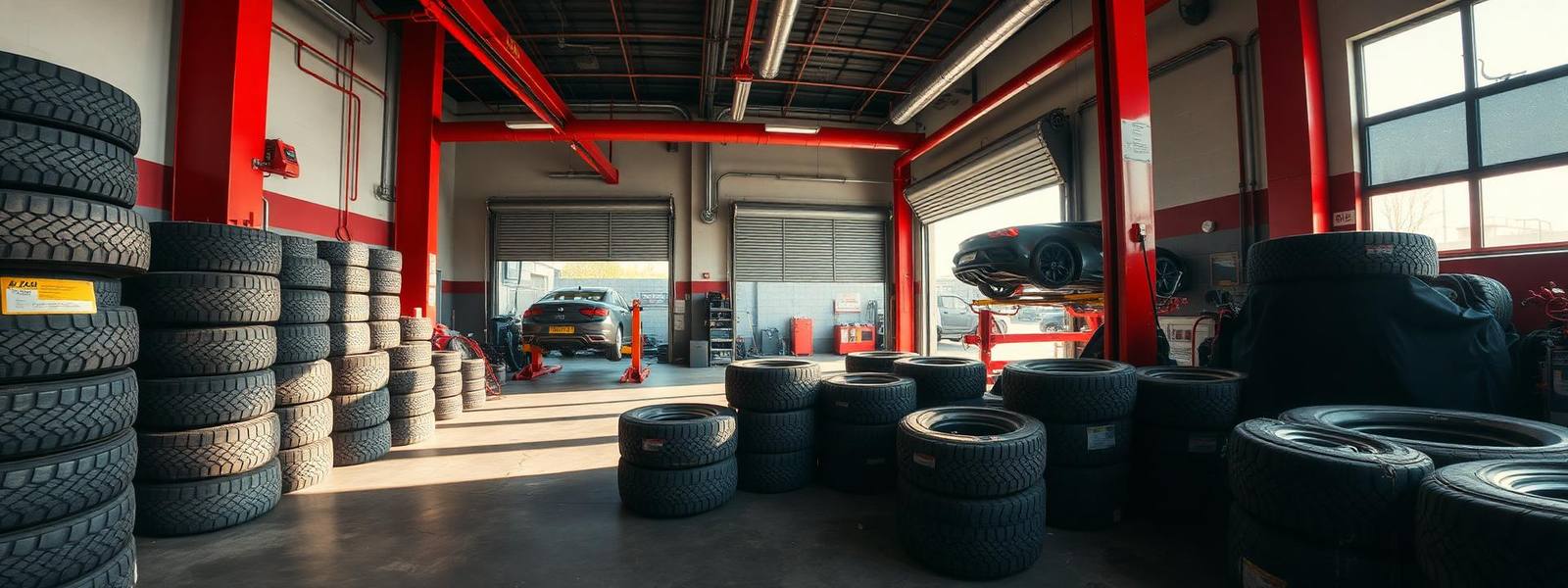 Rows of new tyres and cars on hoists inside the Fyshwick tyre and mechanical workshop