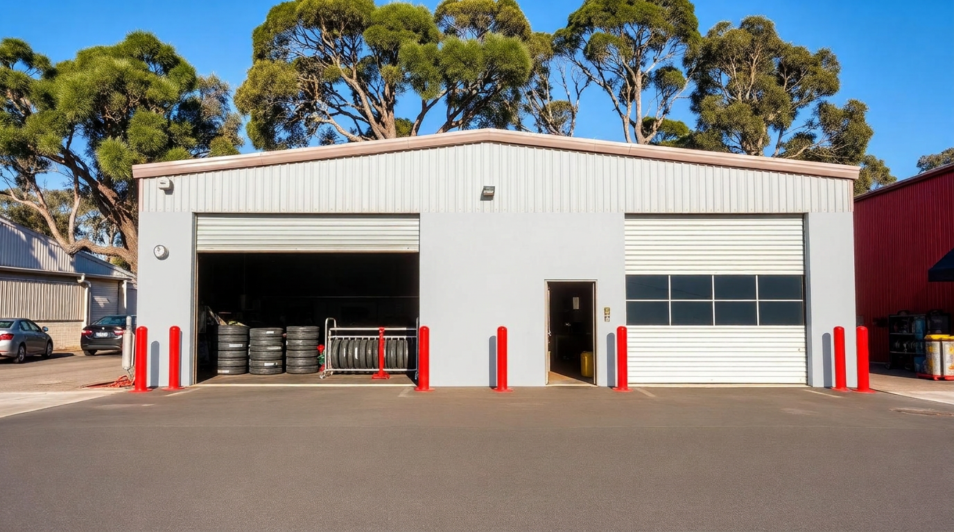 Front of the Canberra Tyres & Mechanical workshop in Fyshwick with roller doors open